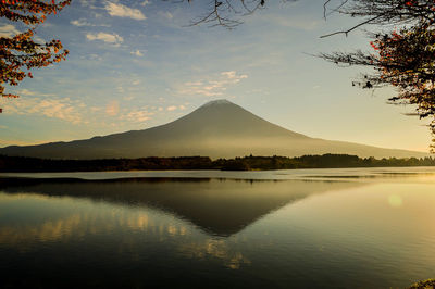 Scenic view of lake against sky during sunset