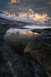 Beautiful sunrise on the rocky coast of the island of senja in northern norway.