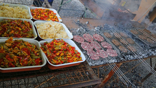 High angle view of food for sale at market stall