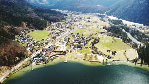 High angle view of houses and trees on mountain