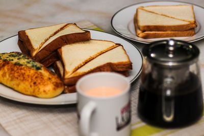 Close-up of breakfast served on table