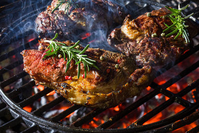 Close-up of food on barbecue grill