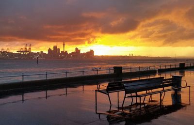 Scenic view of sea against cloudy sky during sunset