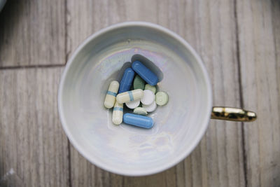 High angle view of eggs in container on table