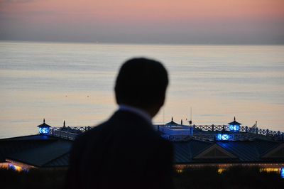 Rear view of businessman looking at sea during sunset