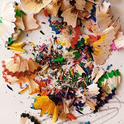 Close-up of colored pencil shavings