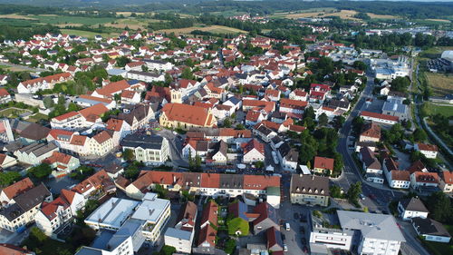 High angle view of houses in town