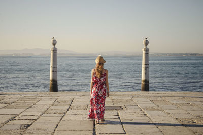 Rear view of woman standing on pier over sea 