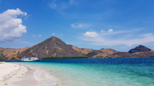 Panoramic shot of sea and mountains against blue sky