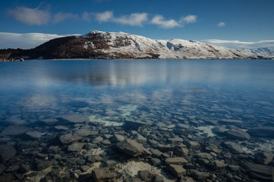 Scenic view of lake and mountains against sky