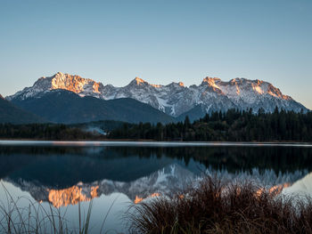 Scenic view of lake and mountains against clear sky