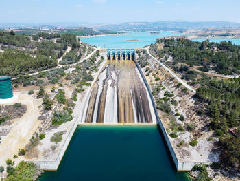 Aerial view of water reservoir and closed reservoir locks of a dam. berdan dam, mersin, turkey