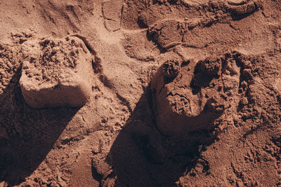 High angle view of footprints on sand