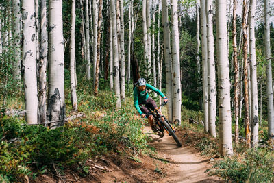 Man riding bicycle in forest