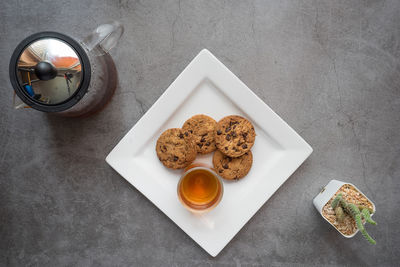 High angle view of breakfast on table
