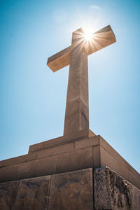 Low angle view of cross against clear blue sky