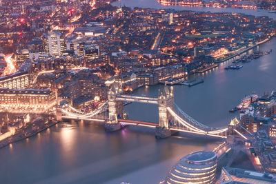 High angle view of illuminated bridge at night