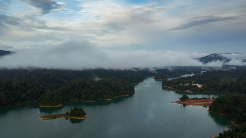Aerial view of kenyir lake in the morning.
