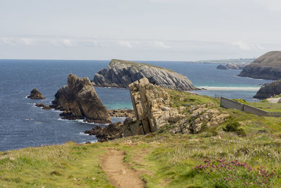 Scenic view of cliff and sea against sky