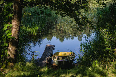 Abandoned boat moored in lake against trees