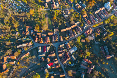 High angle view of townscape by trees in city