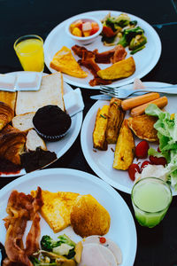 High angle view of breakfast served on table