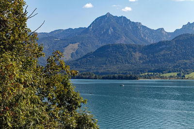 Scenic view of lake by mountains against sky