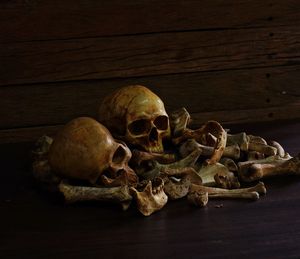 Close-up of human bones on wooden table