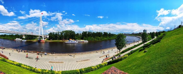 Panoramic view of bridge over river against sky