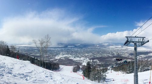 Scenic view of snow covered mountains against sky