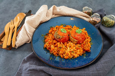 High angle view of food in plate