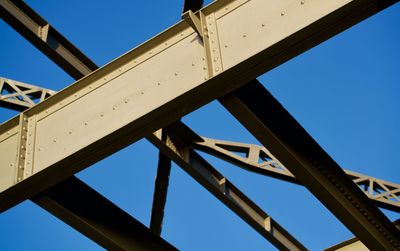 Low angle view of bridge against clear blue sky