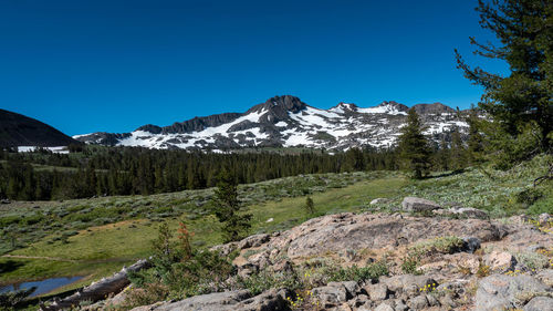 Scenic view of snowcapped mountains against clear blue sky