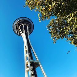 Low angle view of ferris wheel against clear blue sky