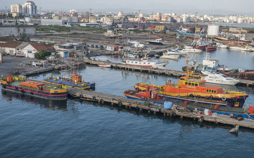 High angle view of harbor in city