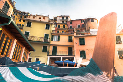 Low angle view of buildings against sky in city