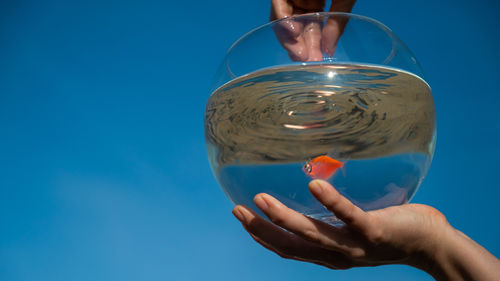Low section of woman holding crystal ball against blue sky