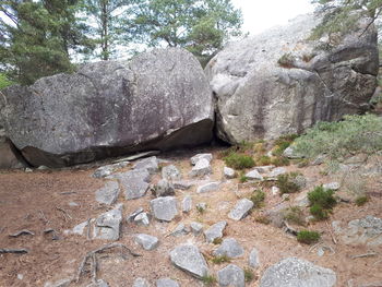 Rock formations by trees against sky