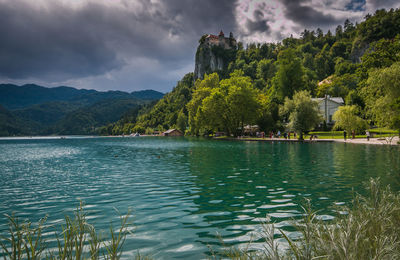 Panoramic view of bled lake and castle in slovenia
