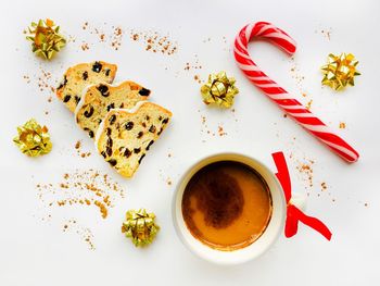High angle view of coffee cup on table