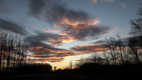 Silhouette trees by road against sky during sunset