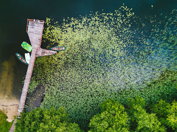 Aerial view of boats moored by jetty on lake