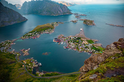 High angle view of bay and mountains, lofoten, norway