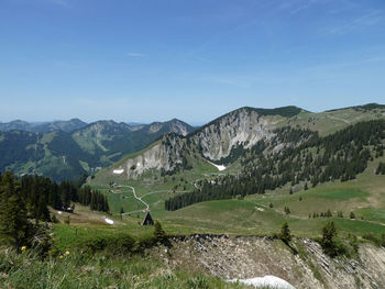 Scenic view of landscape and mountains against sky