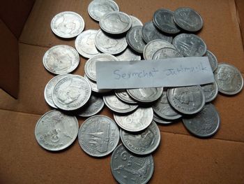 High angle view of coins on table