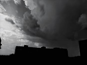 Low angle view of power lines against cloudy sky