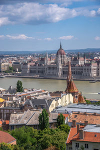 Panoramic view of the danube river and parliament building in budapest, hungary, on a summer day