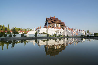 Reflection of building in lake against clear sky