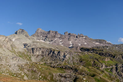 Scenic view of mountains against clear blue sky