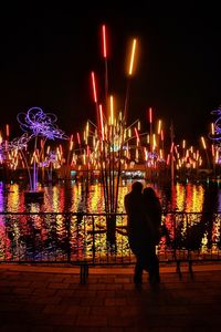 Rear view of illuminated ferris wheel in front of sea at night